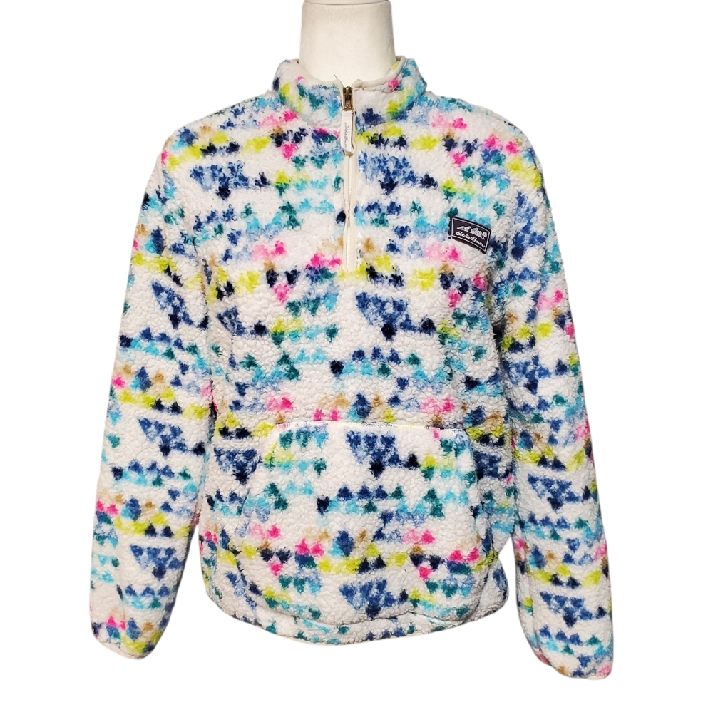 Eddie Bauer White Fuzzy Pullover with Blue, Pink, Yellow, Teal Pattern